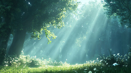 Obraz premium Enchanted Foggy Forest Sunbeams Through Lush Greenery