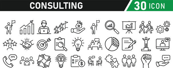 Set of 30 icons related to consulting. Linear icon collection. Editable stroke. Vector illustration collection