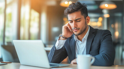 Businessman in black suit struggles with stress and exhaustion