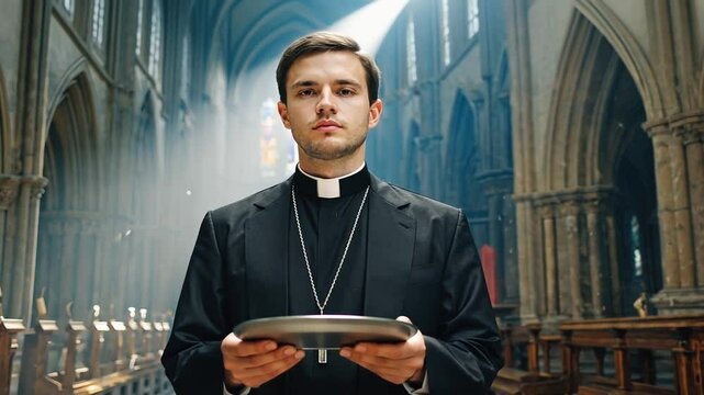 Priest with a collection box of donations.
