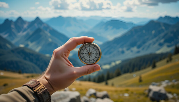 
A hand holding a classic compass in the foreground, with a blurred background of a sprawling mountain range