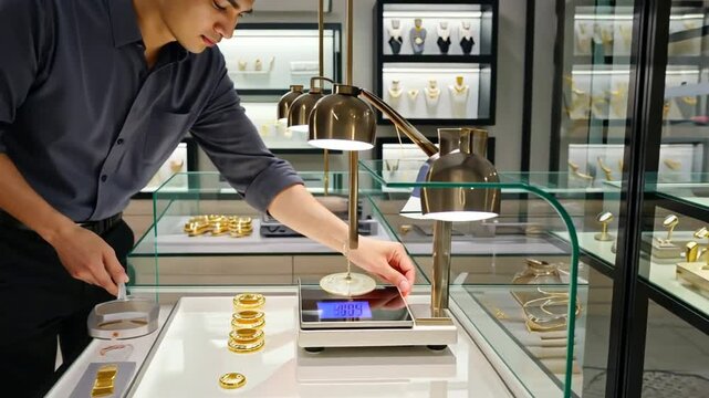 Selling jewelry in a gold buying store.