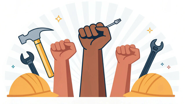 Labour Day banner design with construction tools and clenched fists, labor day, May 1st International worker's day celebration, Labour day concept