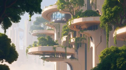 A tech hub in Silicon Valley with futuristic buildings and digital billboards.