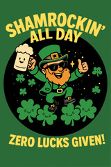 Fun St. Patrick&rsquo;s Day design featuring a dancing leprechaun with a beer mug, shamrocks, and bold text &ldquo;Shamrockin&rsquo; All Day &ndash; Zero Lucks Given!&rdquo;