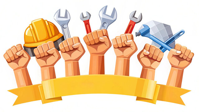 Labour Day banner design with construction tools and clenched fists, labor day, May 1st International worker's day celebration, Labour day concept - Powered by Adobe
