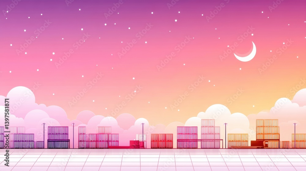 Poster import tariffs concept. flat background with subtle port silhouettes and containers