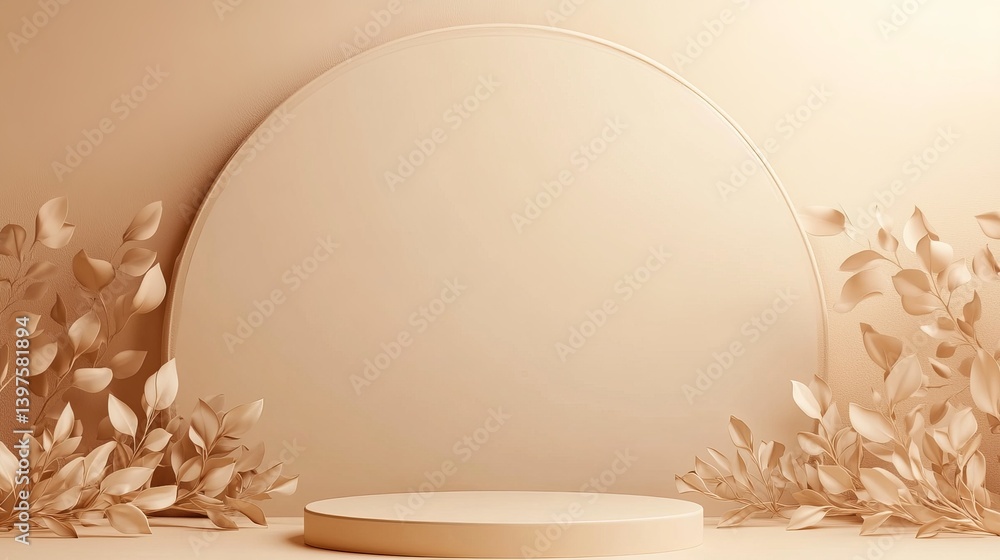 Poster minimalist beige background with a circular arch and a podium surrounded by foliage elements