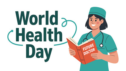World Health Day vector illustration in flat design showing medical professionals, heart health, stethoscope, and healthcare icons – perfect for hospital, clinic, wellness, and medical campaign design