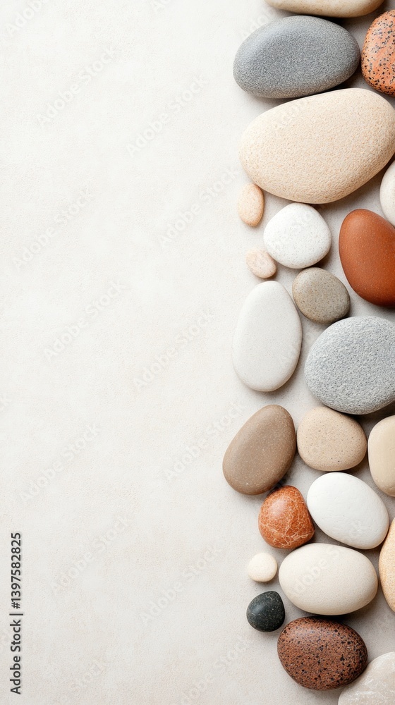 Poster various smooth pebbles in different colors and sizes are neatly arranged along one edge of a light s