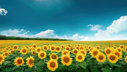 Fototapeta premium Golden sunflowers stretch across a vast field, basking in sunlight with a clear sky above.