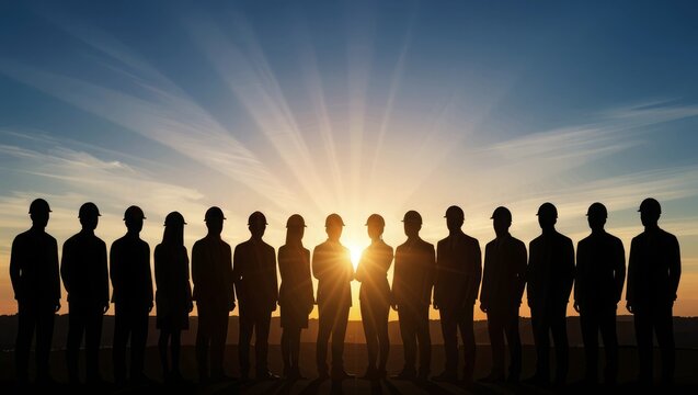 Dark silhouettes of workers standing together at bright sky background. labor day, May 1st International Labor Day celebration, Labour day concept