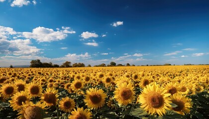 Obraz premium Vast field of sunflowers stretches toward the horizon under a clear blue sky with fluffy clouds.