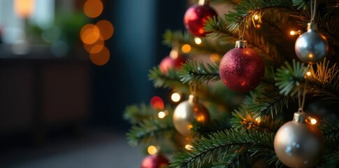 festive Christmas tree decorated with ornaments and lights, decorations, wreaths