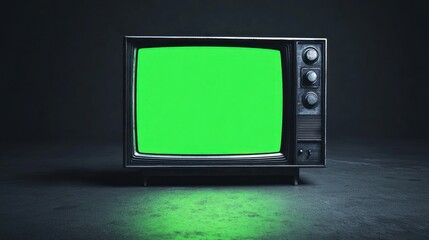 Retro television set with green screen display on dark concrete background