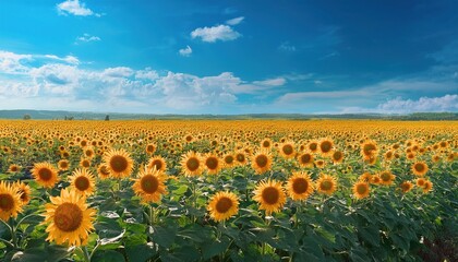 Obraz premium Endless rows of vibrant sunflowers stretch across the landscape, soaking in sunlight.