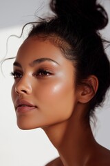 Fototapeta premium Elegant beauty portrait of young woman with radiant skin, skin care beauty concept
