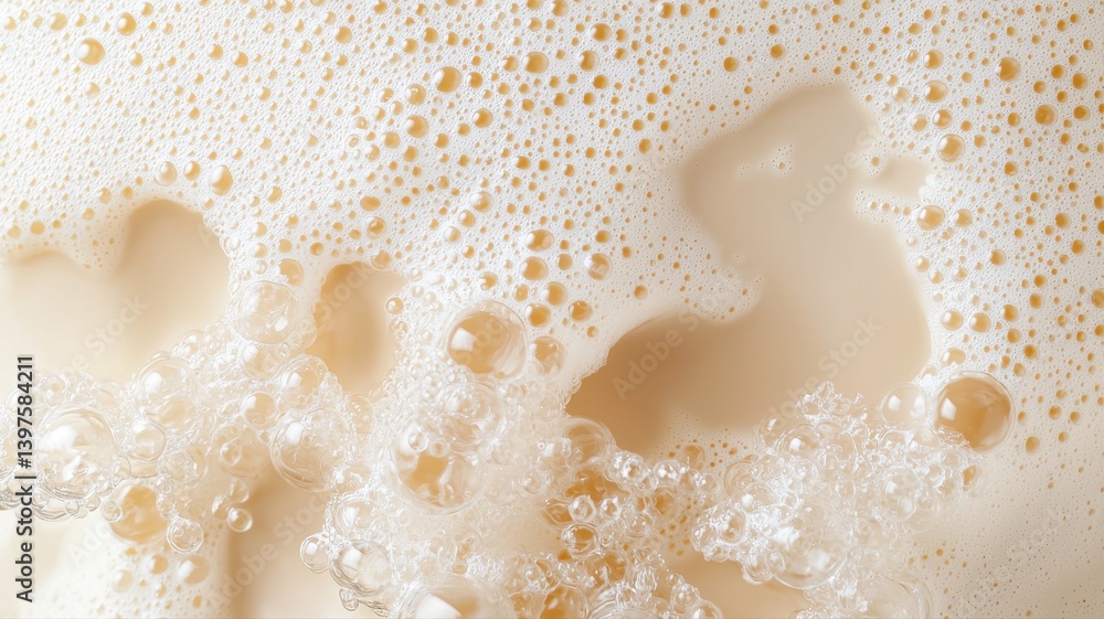 Poster close-up of frothy beverage surface with bubbles creating a dynamic texture and inviting creamy appe