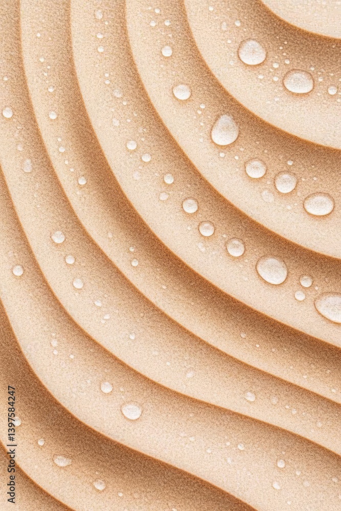 Poster soft, undulating sand dunes create a mesmerizing pattern while droplets of water catch the warm morn