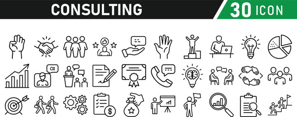 Set of 30 icons related to consulting. Linear icon collection. Editable stroke. Vector illustration collection