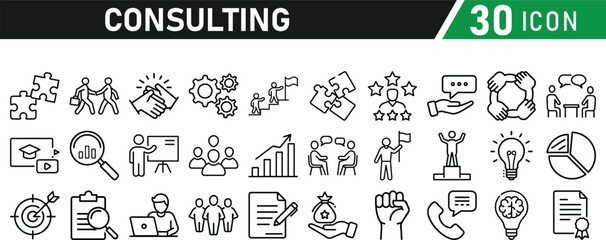 Set of 30 icons related to consulting. Linear icon collection. Editable stroke. Vector illustration collection