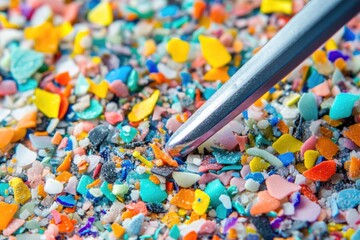 Colorful microplastics scattered on surface, highlighted by meta