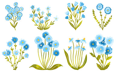 Set of watercolor wildflowers. Collection of isolated. Blue colors. Cute cartoon hand drawn design. Daisy, tulip, cornflower, wild and fantasy flowers. Field Flowers