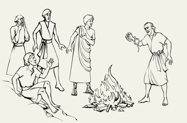 Vector drawing. A snake bit a man's hand