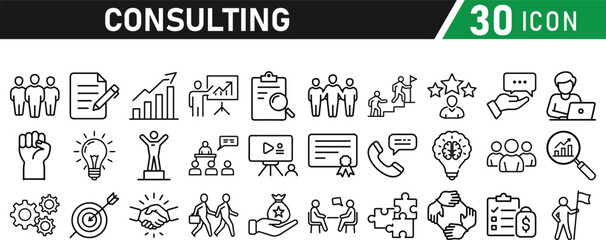 Set of 30 icons related to consulting. Linear icon collection. Editable stroke. Vector illustration collection