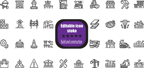 Naklejka premium Build and construction stroke icon set. Containing crane, building, land, excavator, maintenance, contractor, worker, architecture and more.