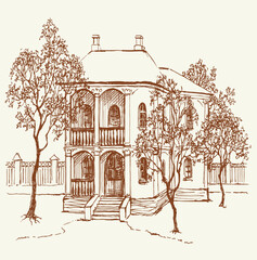 Vector landscape. Young trees at old house