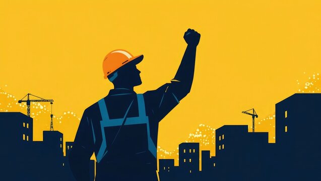 A fist raised high against a predominantly illustration, labor day, May 1st International worker's day celebration, Labour day concept