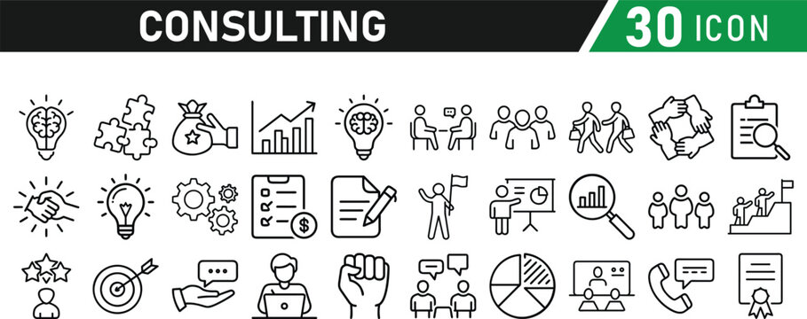 Set of 30 icons related to consulting. Linear icon collection. Editable stroke. Vector illustration collection