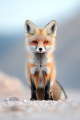 Fototapeta premium A red fox appears inquisitive as it stands on rugged terrain in the desert, with its striking orange fur glistening in the soft light of dawn or dusk