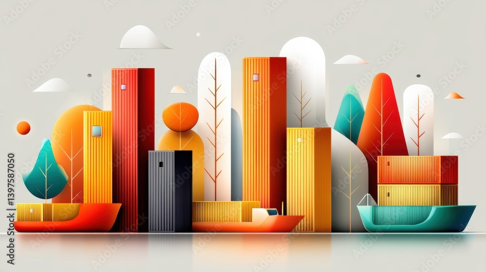 Aufkleber import tariffs concept. stylized cityscape with docked containers and abstract elements