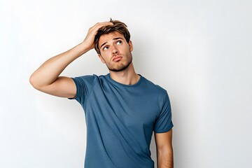 Man scratching head looking up against white background showing confusion or contemplation.