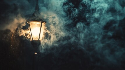 Smoky night streetlamp, mysterious atmosphere, urban scene, Halloween or thriller backdrop