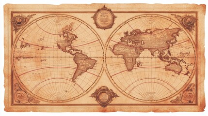 Fototapeta premium A vintage style world map on aged parchment with intricate illustrations.
