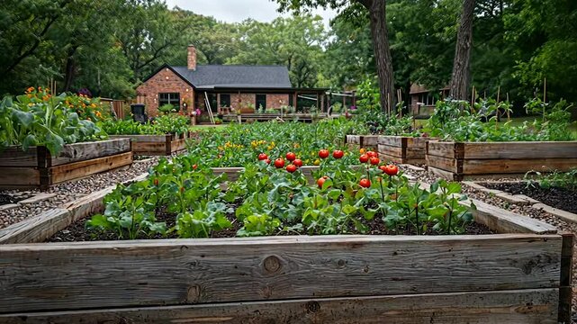 Lush raised garden beds brimming with ripening tomatoes and vibrant greens, set against a backdrop of a rustic home and mature trees