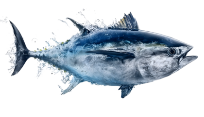 Bluefin Tuna isolated in white, with a water splash effect. World Tuna Fisheries.