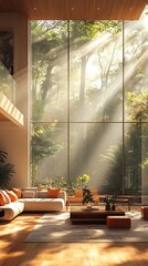Fototapeta premium Bright Living Room Phone Wallpaper Sunlit Glass Windows & Lush Greenery | Vertical HD Mobile Background