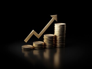 The upward arrow and the 3D icon of a pile of gold coins on a black background show the concept of a rising stock market chart. And with high resolution, clear focus, and centered composition.