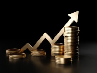 The upward arrow and the 3D icon of a pile of gold coins on a black background show the concept of a rising stock market chart. And with high resolution, clear focus, and centered composition.