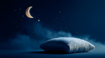 A tranquil World Sleep Day background with a fluffy pillow, soft moonlight glow, and tiny floating stars on a deep midnight blue backdrop