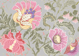 Fantasy flowers in retro, vintage, jacobean embroidery style. Seamless pattern, background. Vector illustration.