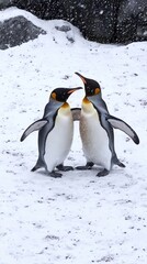 Fototapeta premium King penguin mating couple cuddling in wild nature, snow and ice. Pair two penguins making love. Wildlife scene from white nature. Bird behavior, wildlife scene from nature, South Georgia, Antarctica.
