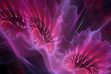 Abstract background featuring vibrant pink and purple hues with flowing shapes and intricate patterns that evoke sense of depth and movement, creating mesmerizing visual experience