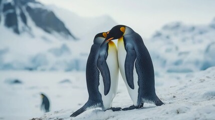 Obraz premium King penguin mating couple cuddling in wild nature, snow and ice. Pair two penguins making love. Wildlife scene from white nature. Bird behavior, wildlife scene from nature, South Georgia, Antarctica.