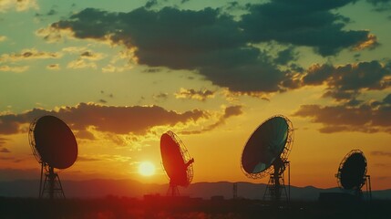Silhouette of Radio Telescope Array Against Dramatic Sunset Sky