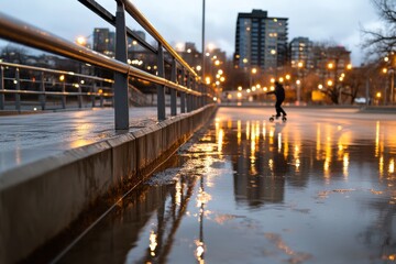A solitary skater gliding on a rain-soaked pavement, where lights reflect off the water, creating a serene, atmospheric scene that evokes introspection and a sense of freedom.